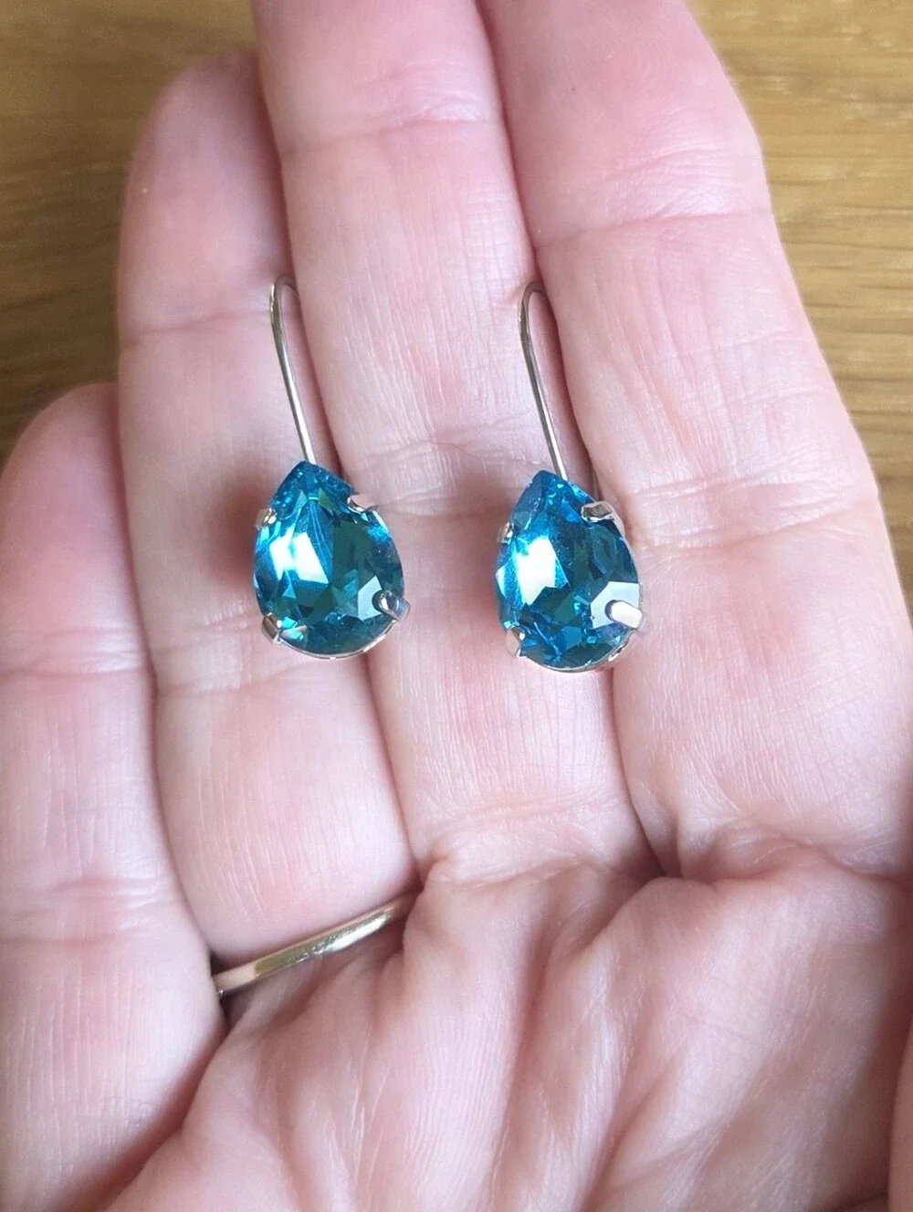 Pear Shape Blue Crystal Drop  Silver Earrings | Handmade